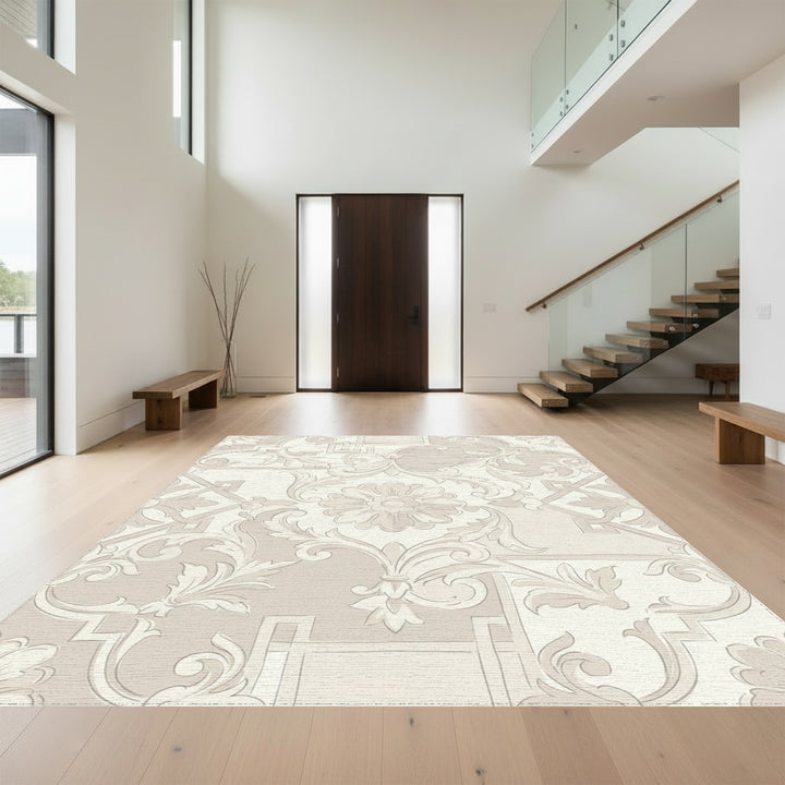 Elegant Beige Floral Scroll Medallion Rug
