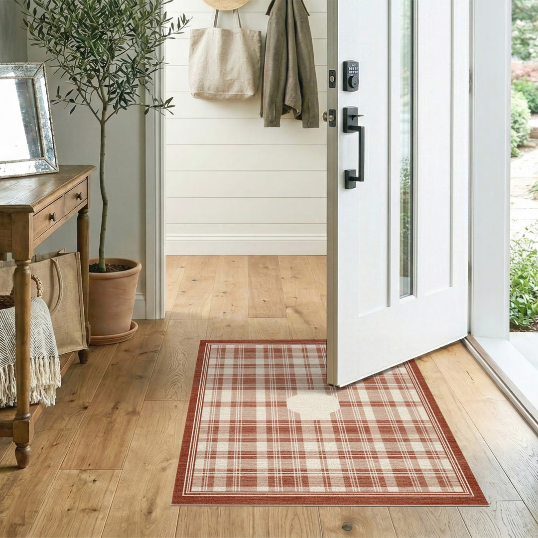 Brown Plaid Area Rug with Ivory Center Motif