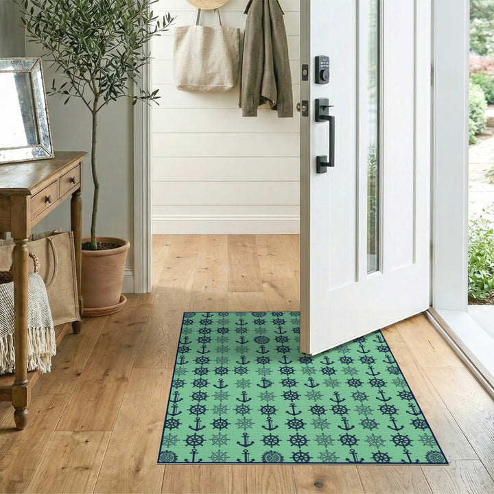 Nautical Teal Anchor Ship Wheel Area Rug