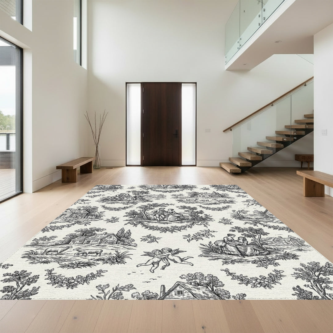 Vintage Romantic Scene Black and White Rug
