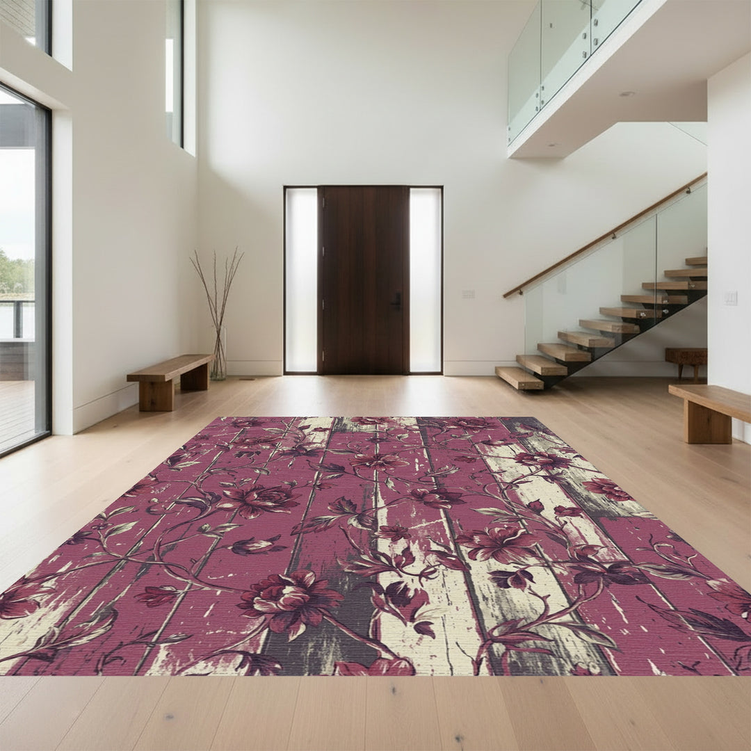 Ornate Plum Floral Woodgrain Vines Rug