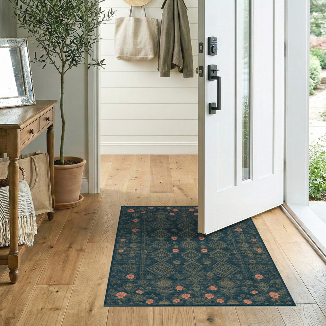 Teal Coral Floral Diamond Area Rug
