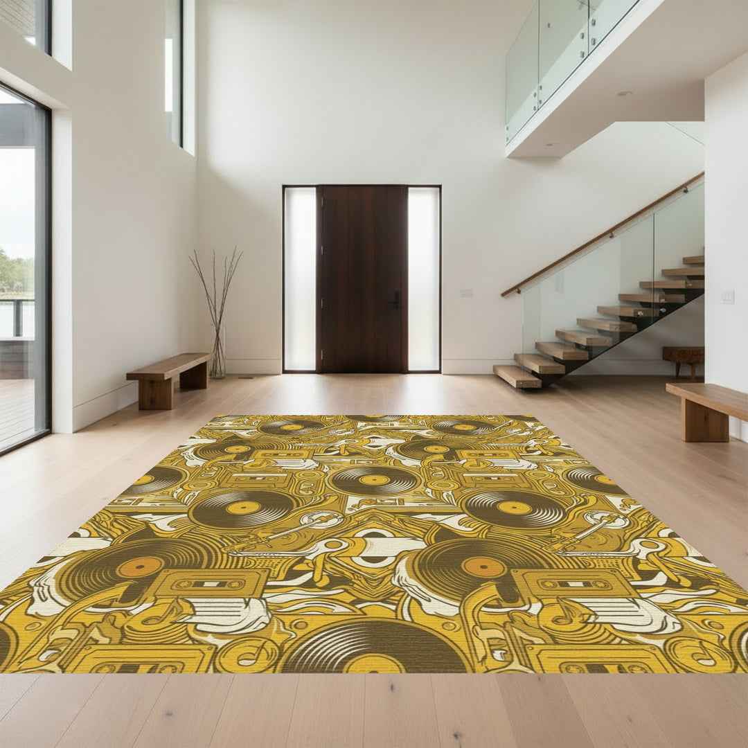 Retro Vinyl Cassette Turntable Collage Rug