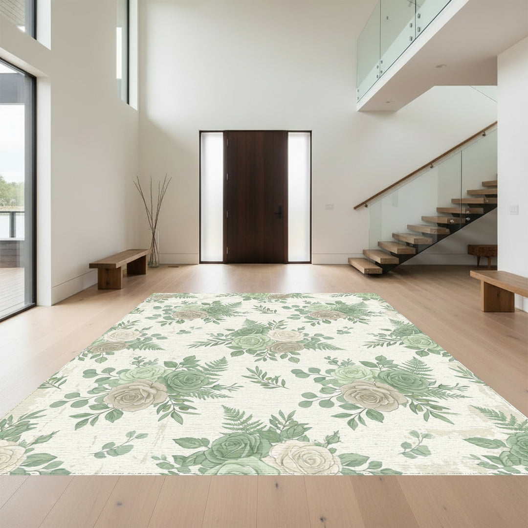 Soft Green Rose Blossom Foliage Arrangement Rug