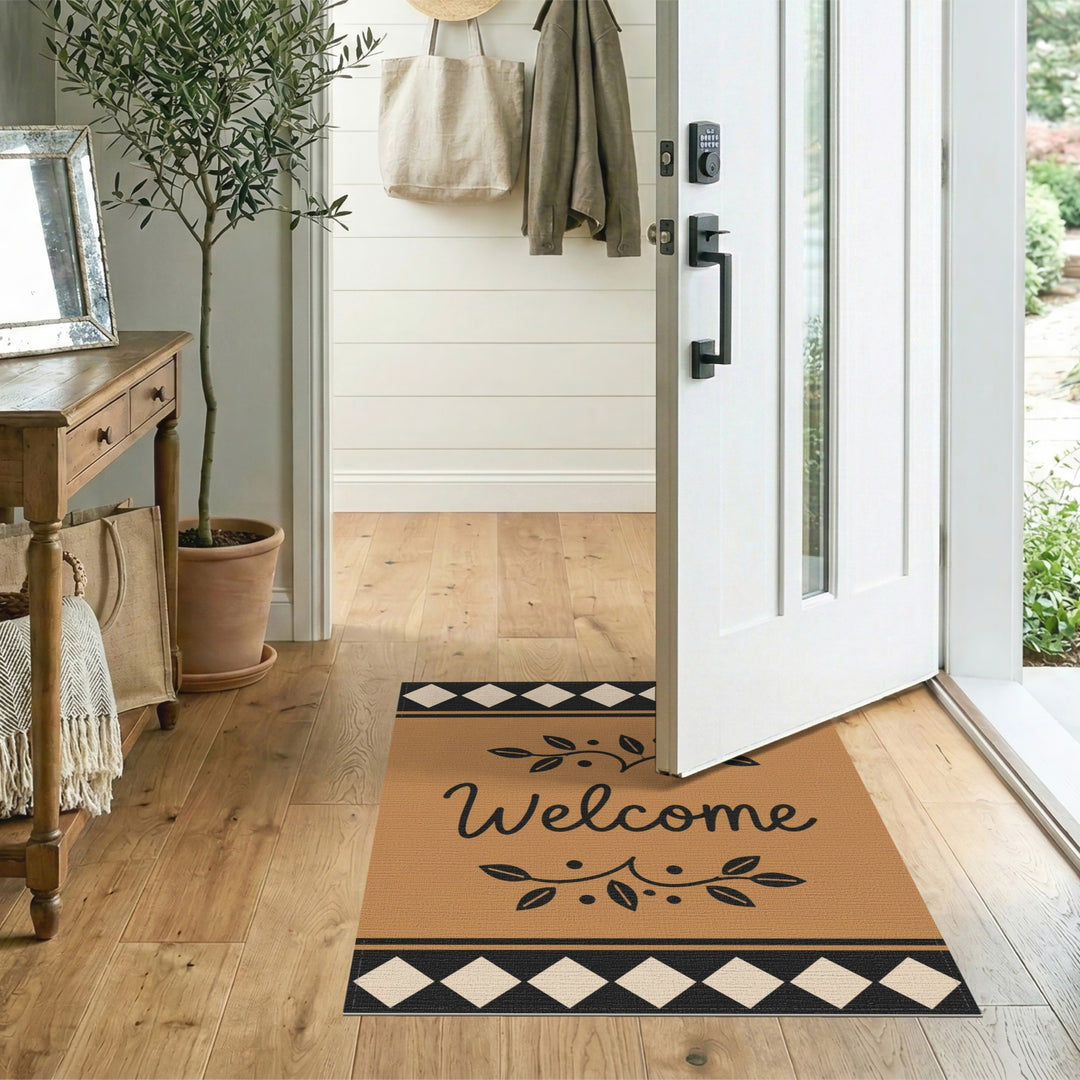 Welcome Brown Tan Leaf Border Area Rug