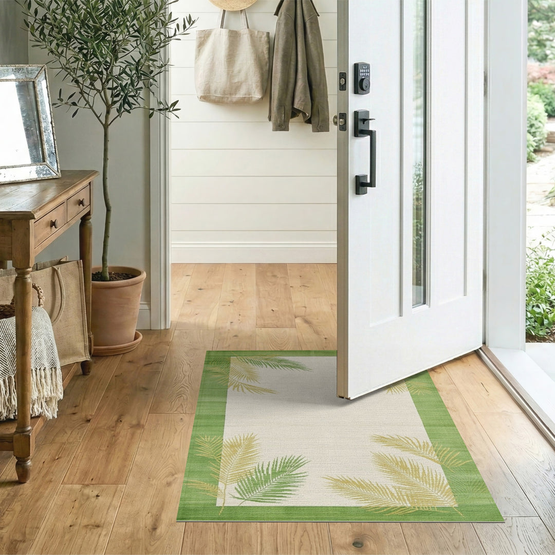 Green Coastal Beach Green Palm Frond Area Rug