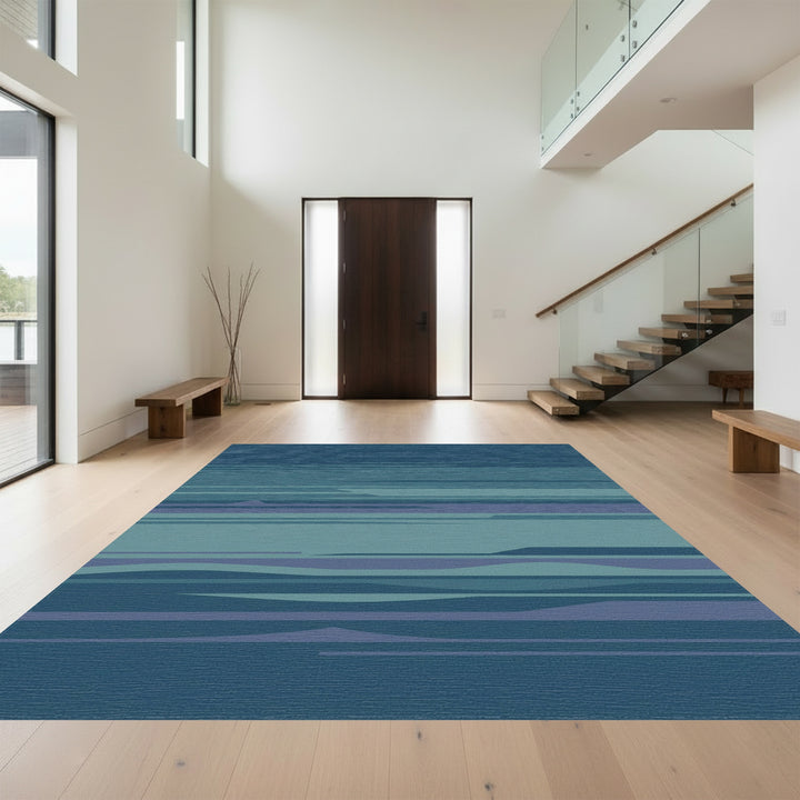 Azure Blue Horizontal Abstract Waves Rug