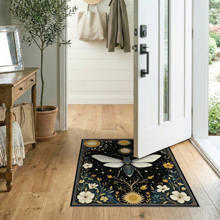 Celestial Moth Gold Floral Area Rug
