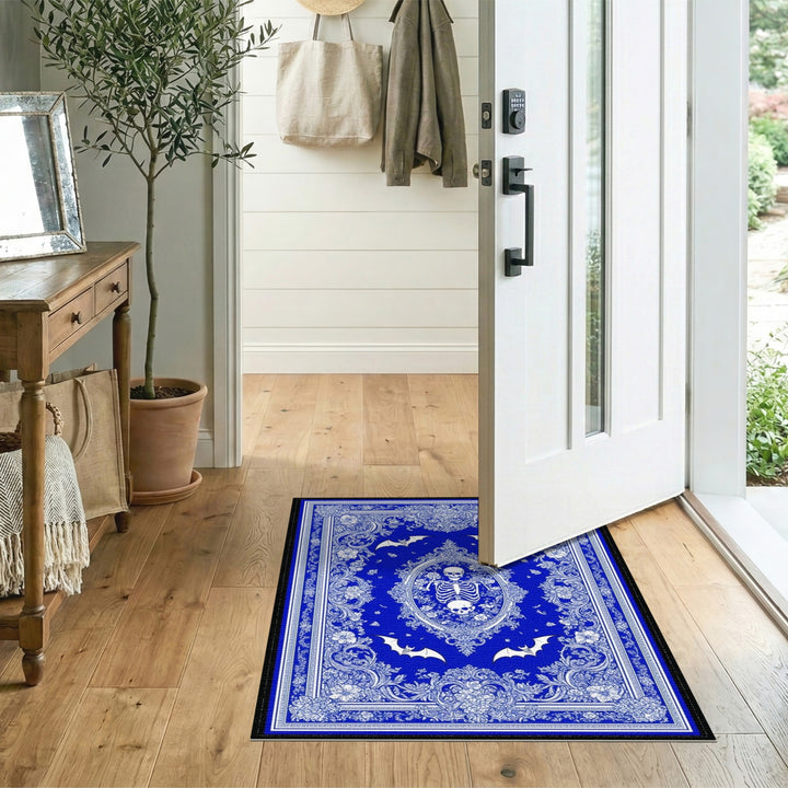 Blue Gothic Floral Skeleton Area Rug