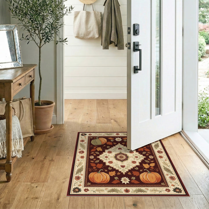 Red Pumpkin Floral Medallion Area Rug