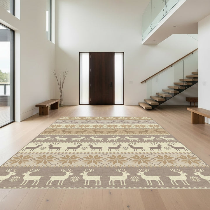 Neutral Taupe Reindeer Snowflake Stripe Rug