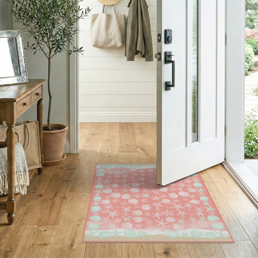 Coastal Beach Pink Coastal Seashell Starfish Area Rug