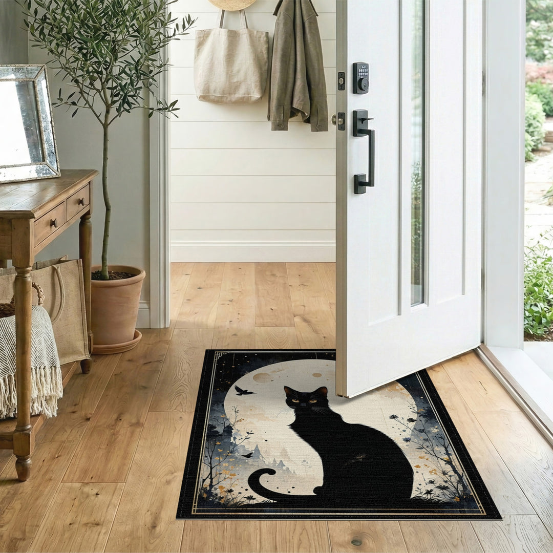 Distressed Vintage Black Cat Moon Silhouette Area Rug