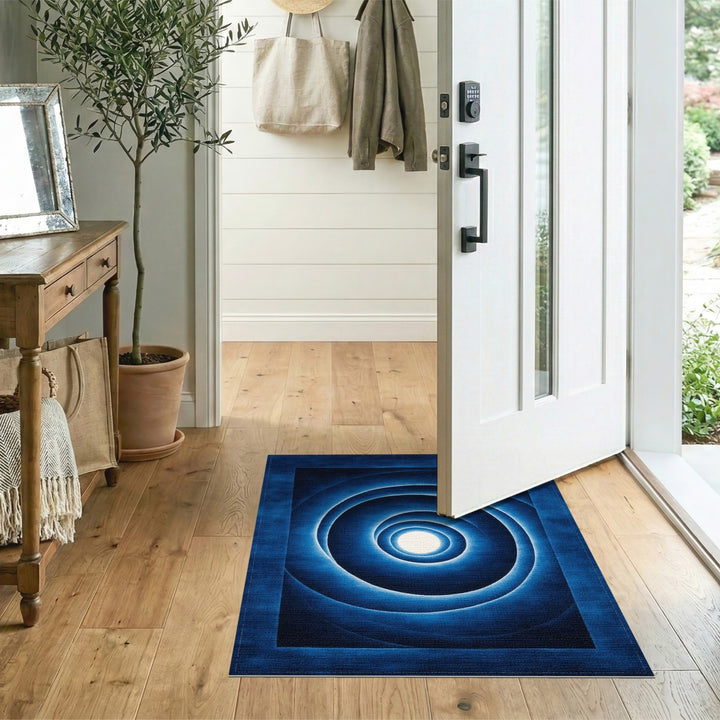 Blue and Teal Blue Concentric Circles Geometric Area Rug