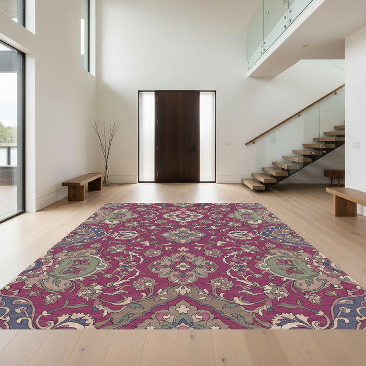 Deep Crimson Floral Medallion Scroll Rug