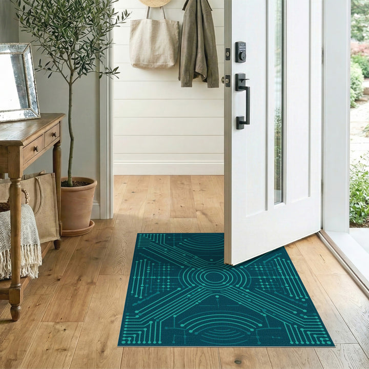 Blue and Teal Blue Teal Circuit Geometric Area Rug