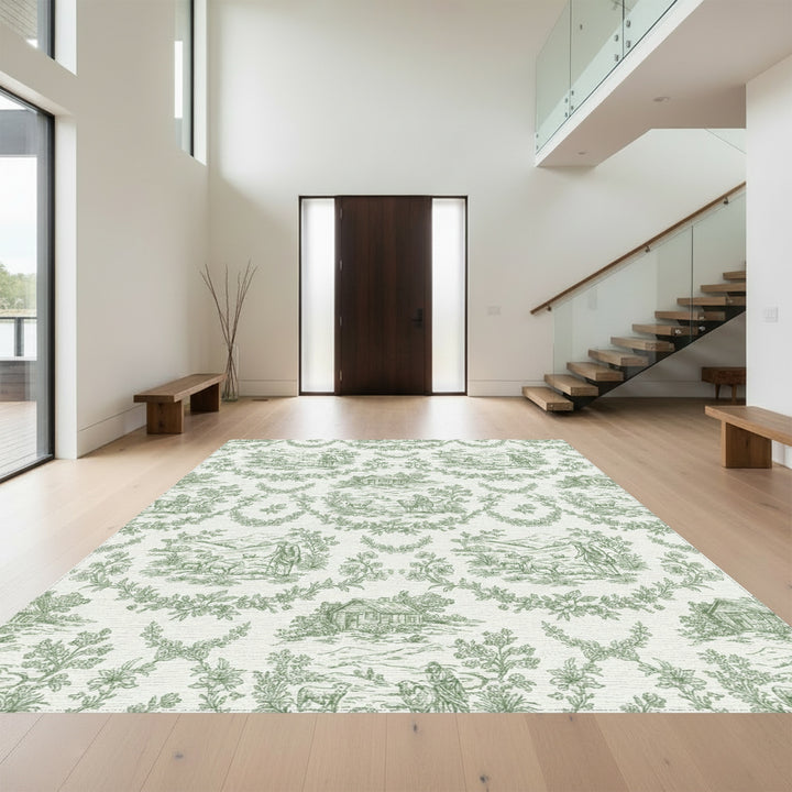 Green Pastoral Landscape Village Scene Rug
