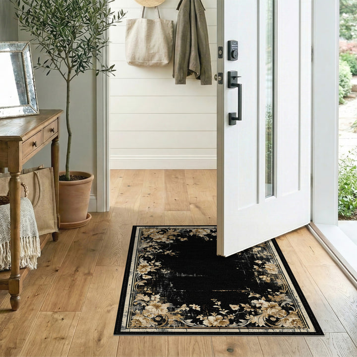 Distressed Floral Black Area Rug