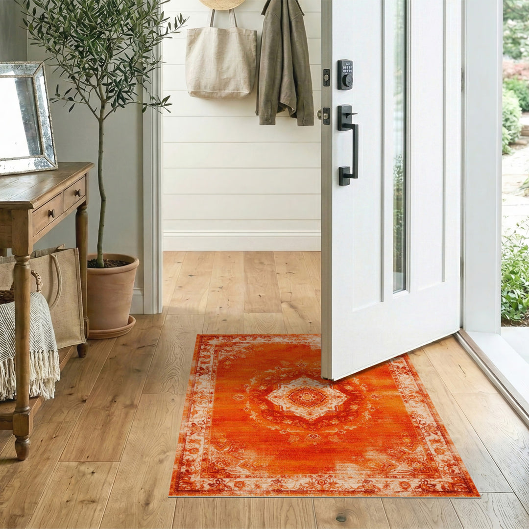Orange Distressed Vintage Medallion Area Rug