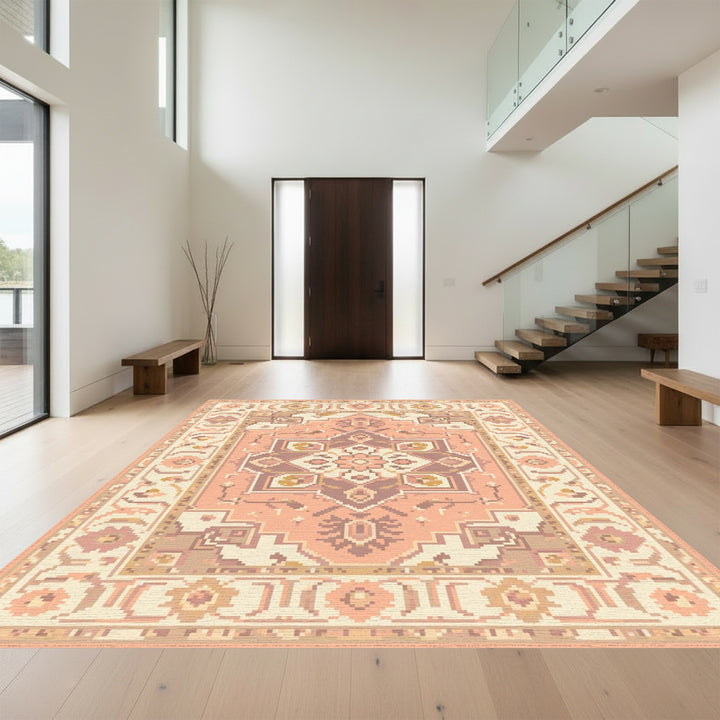 Peach Plum Floral Medallion Border Rug