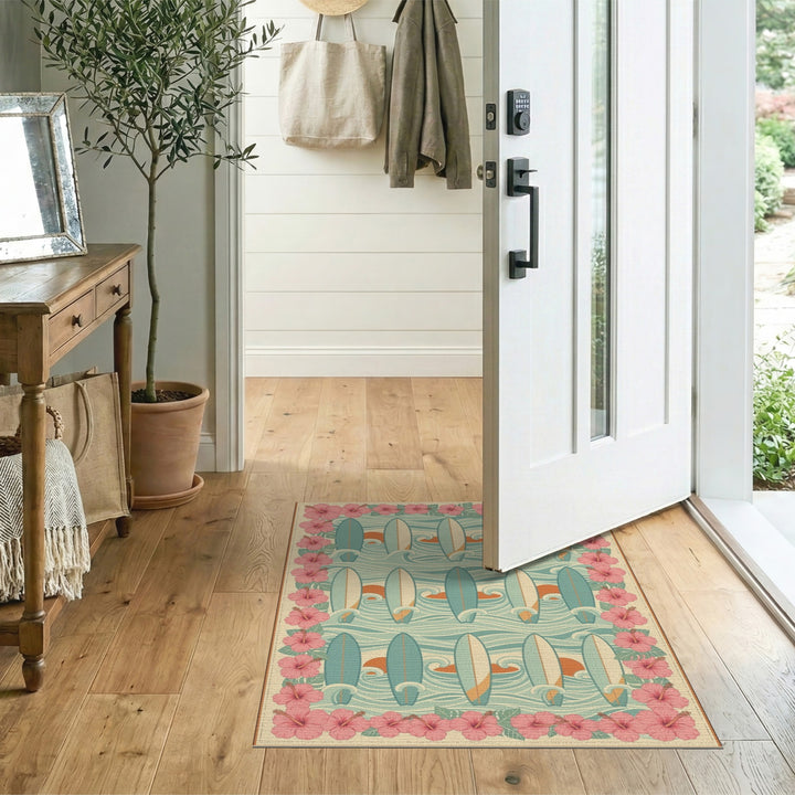 Surfboard Wave Hibiscus Coastal Area Rug