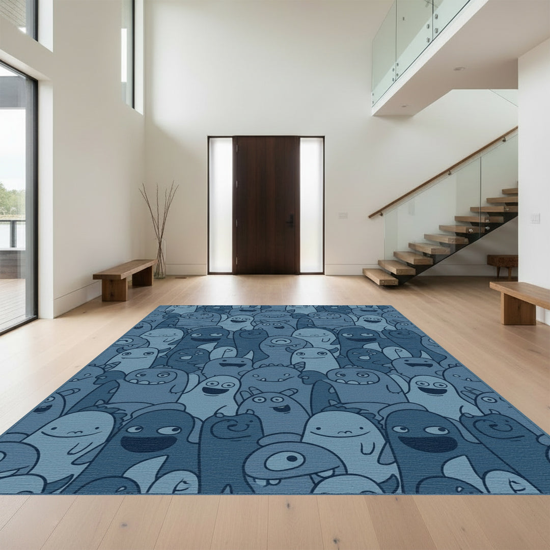 Whimsical Blue Monster Crowd Comical Art Rug