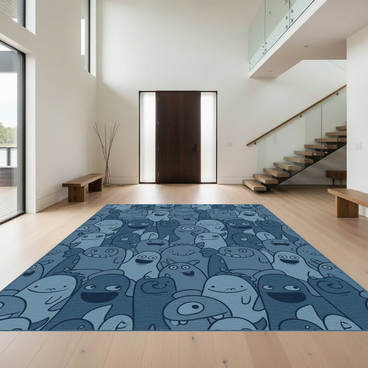 Whimsical Blue Monster Crowd Comical Art Rug