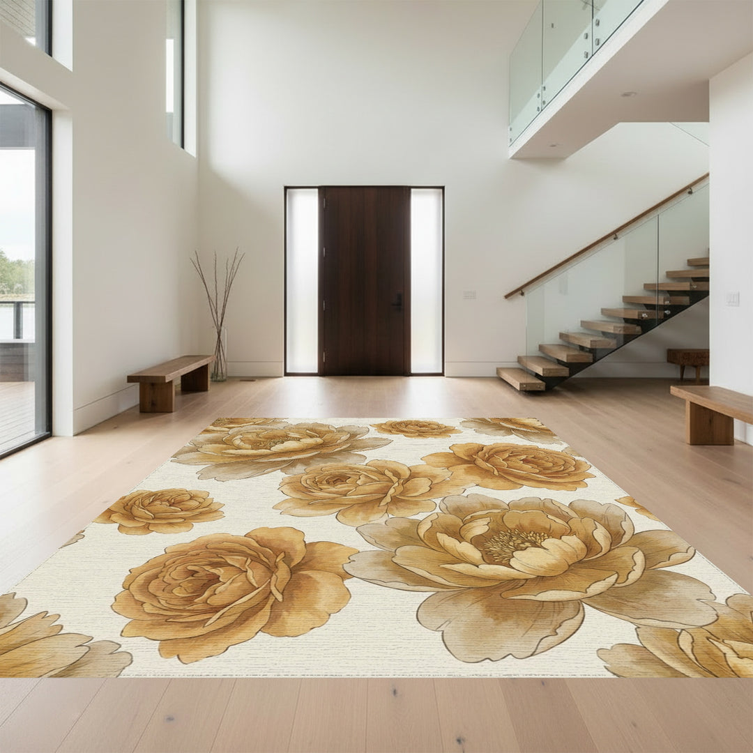 Golden Ochre Floral Garden Rug