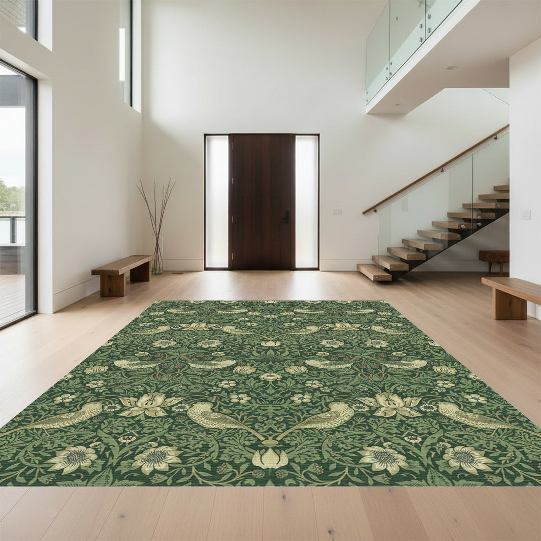 Emerald Woodland Bird Strawberry Garden Rug
