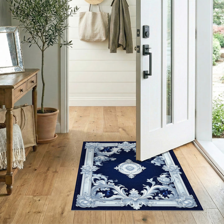 Navy Blue Floral Scrollwork Vintage Rug