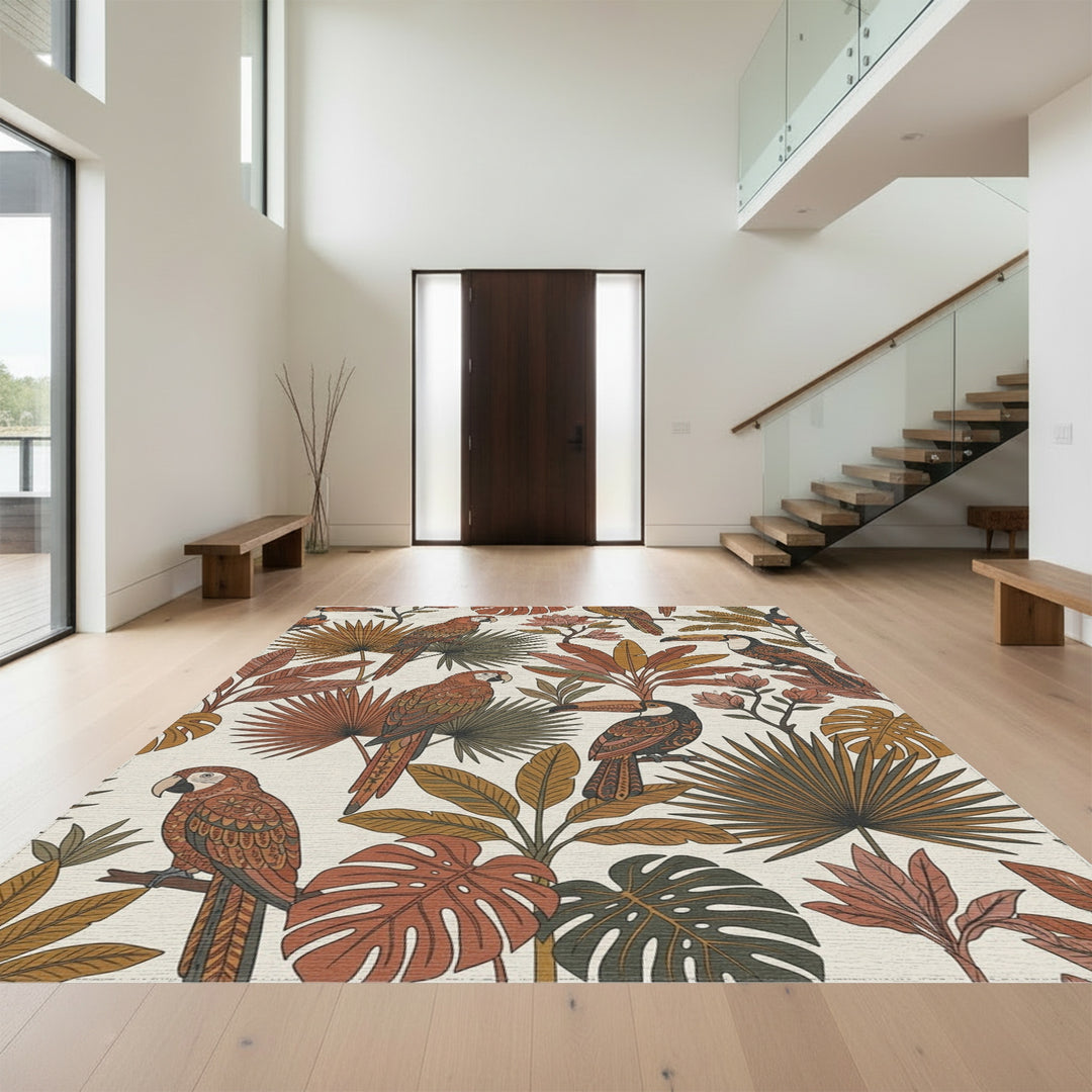 Retro Tropical Parrot Toucan Foliage Rug