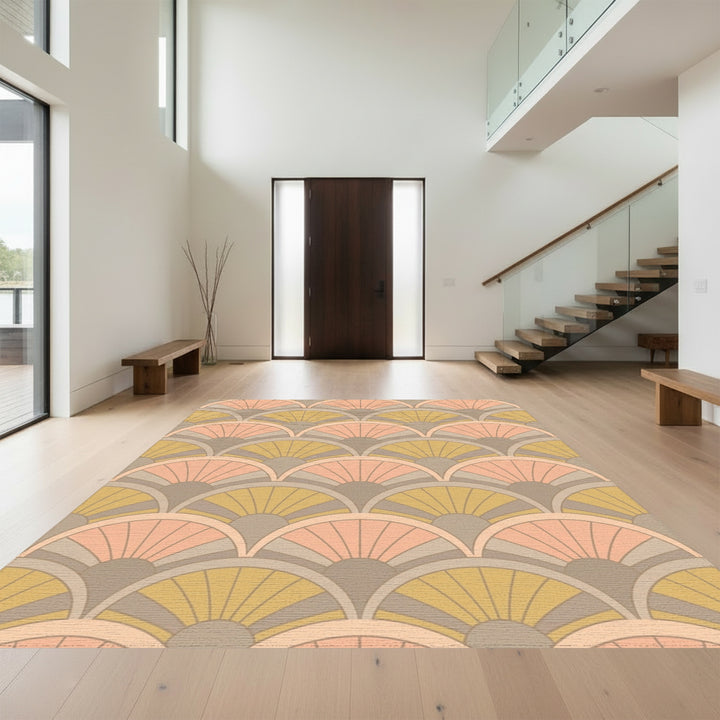 Coral Gold Fan Scallop Art Deco Rug
