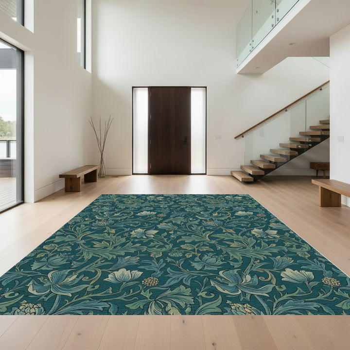 Teal Floral Scroll Garden Rug