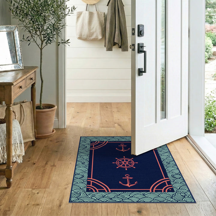 Blue Teal Nautical Anchor Ship Wheel Area Rug
