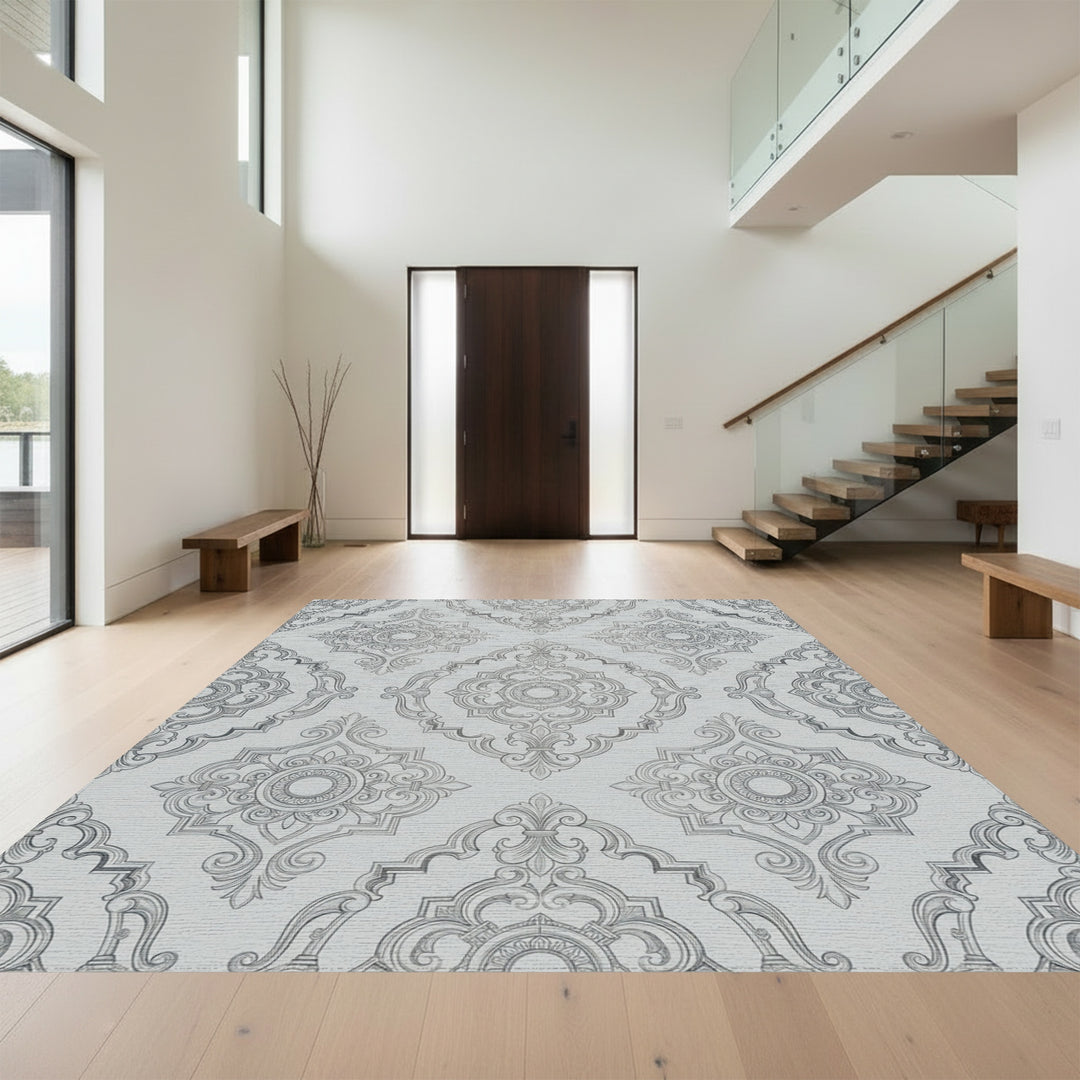 Ornate Gray Damask Medallion Rug