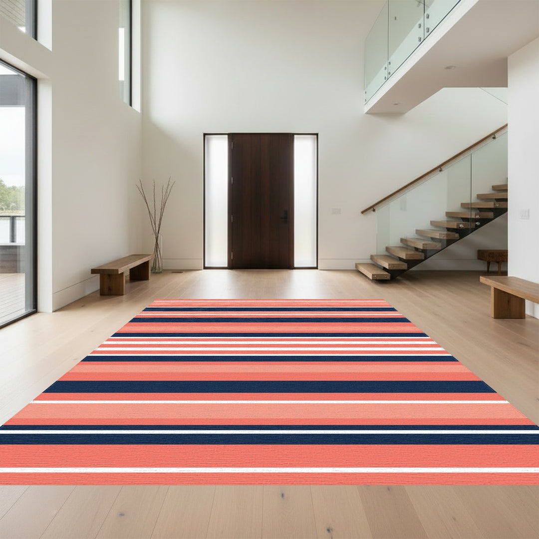 Coral Navy White Horizontal Stripe Rug