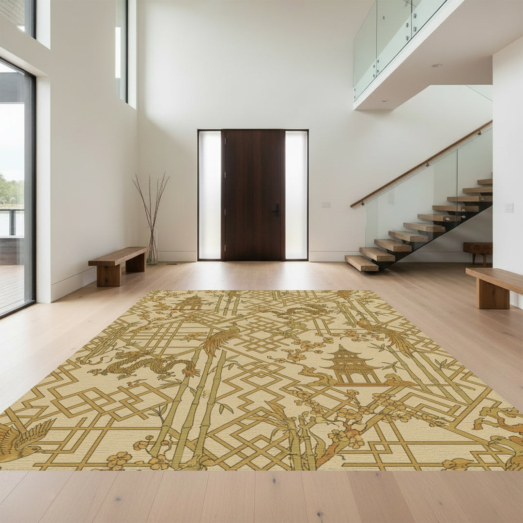 Golden Dragon Pagoda Bamboo Birds Rug