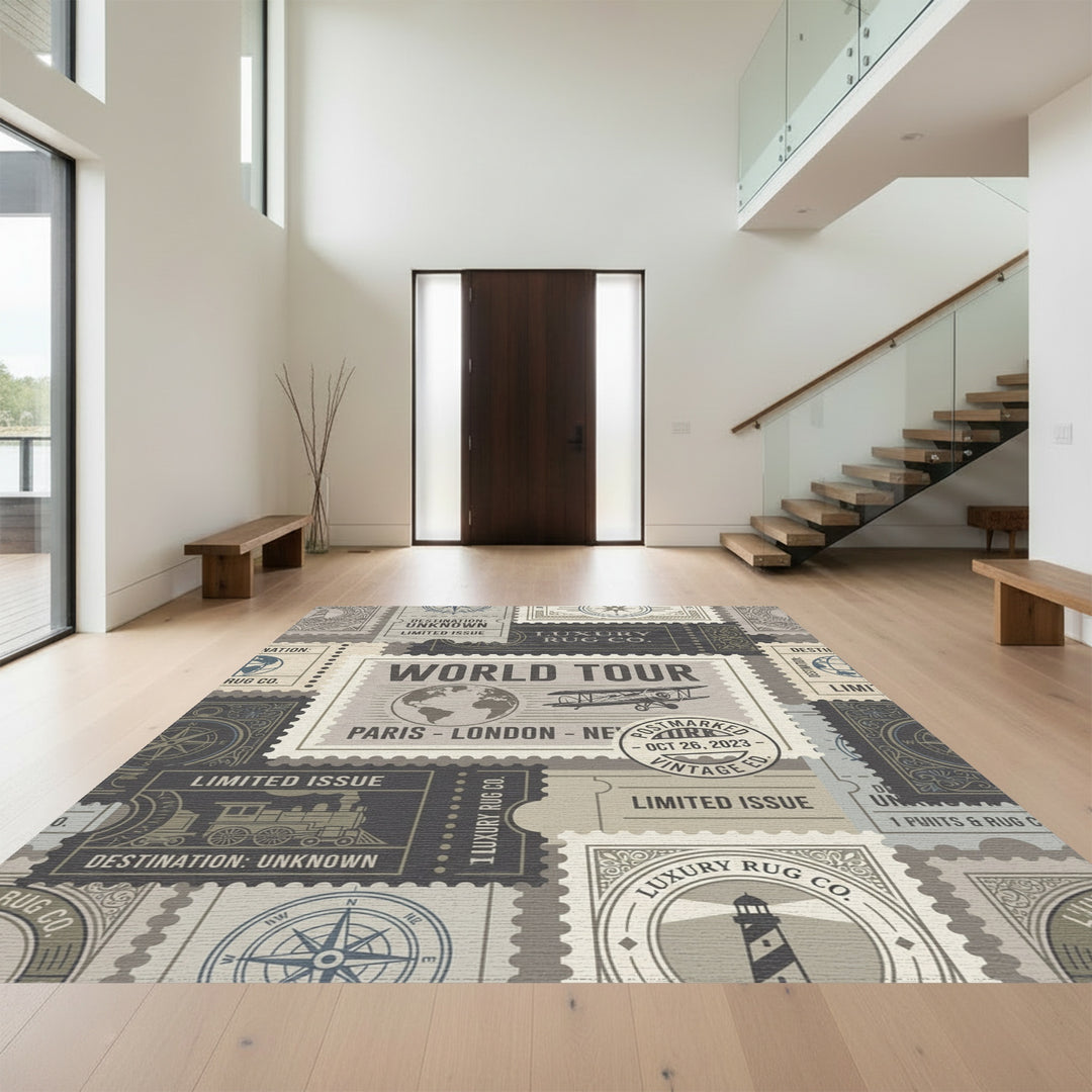 Vintage Travel Stamp Airplane Globe Rug