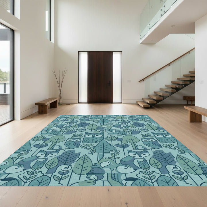 Muted Forest Animals Whimsical Woodland Scene Rug