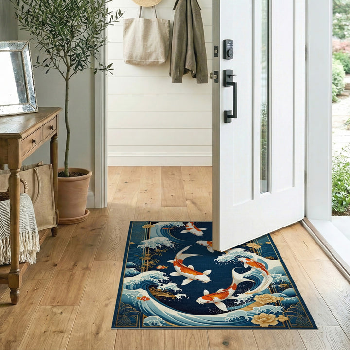 Koi Fish Waves Blue Area Rug