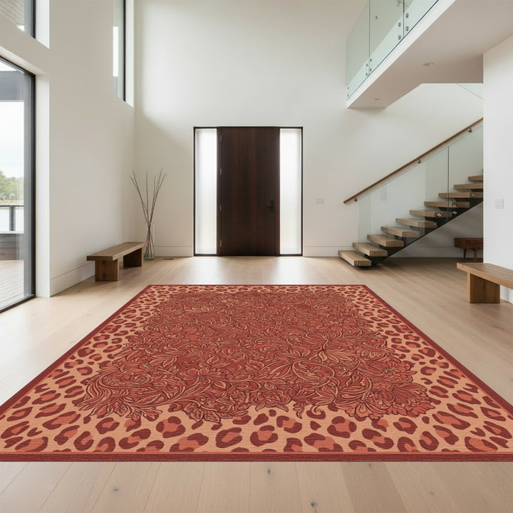 Terracotta Floral Leopard Garden Rug