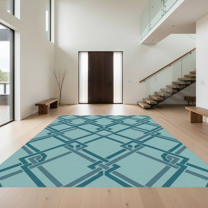 Teal Interlocking Geometric Square Lattice Rug