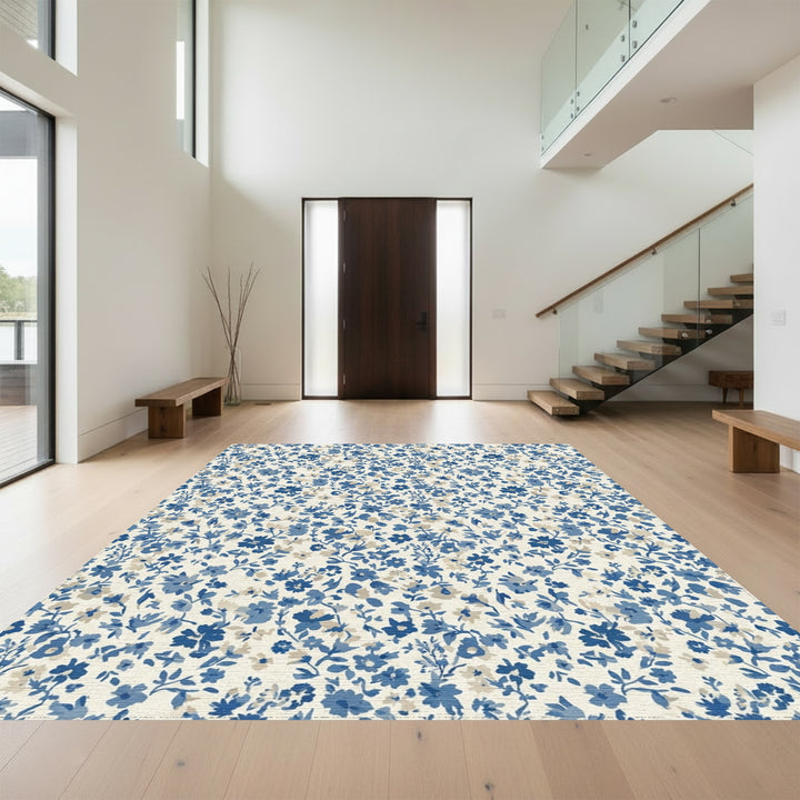 Blue Cream Small Floral Vine Rug