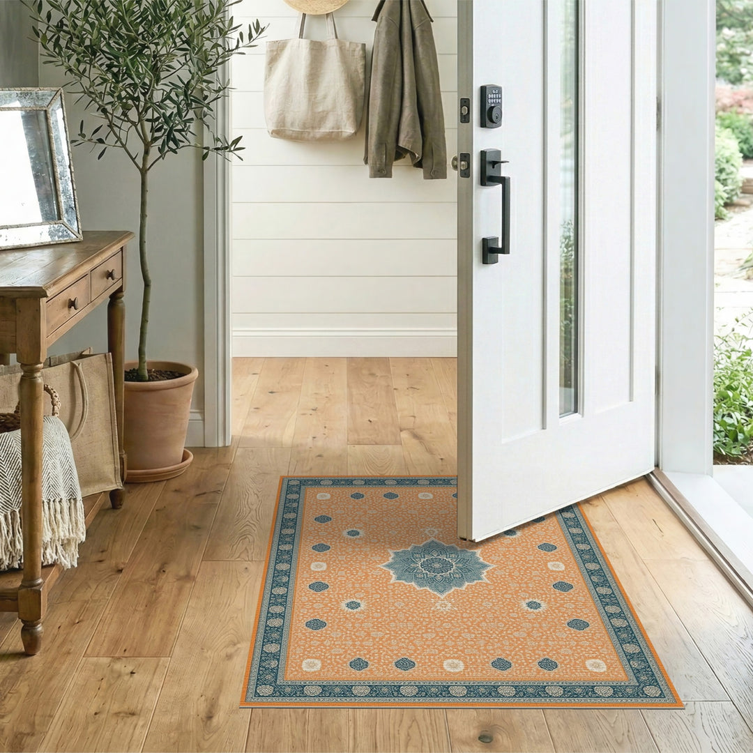 Orange Teal Medallion Traditional Persian Area Rug