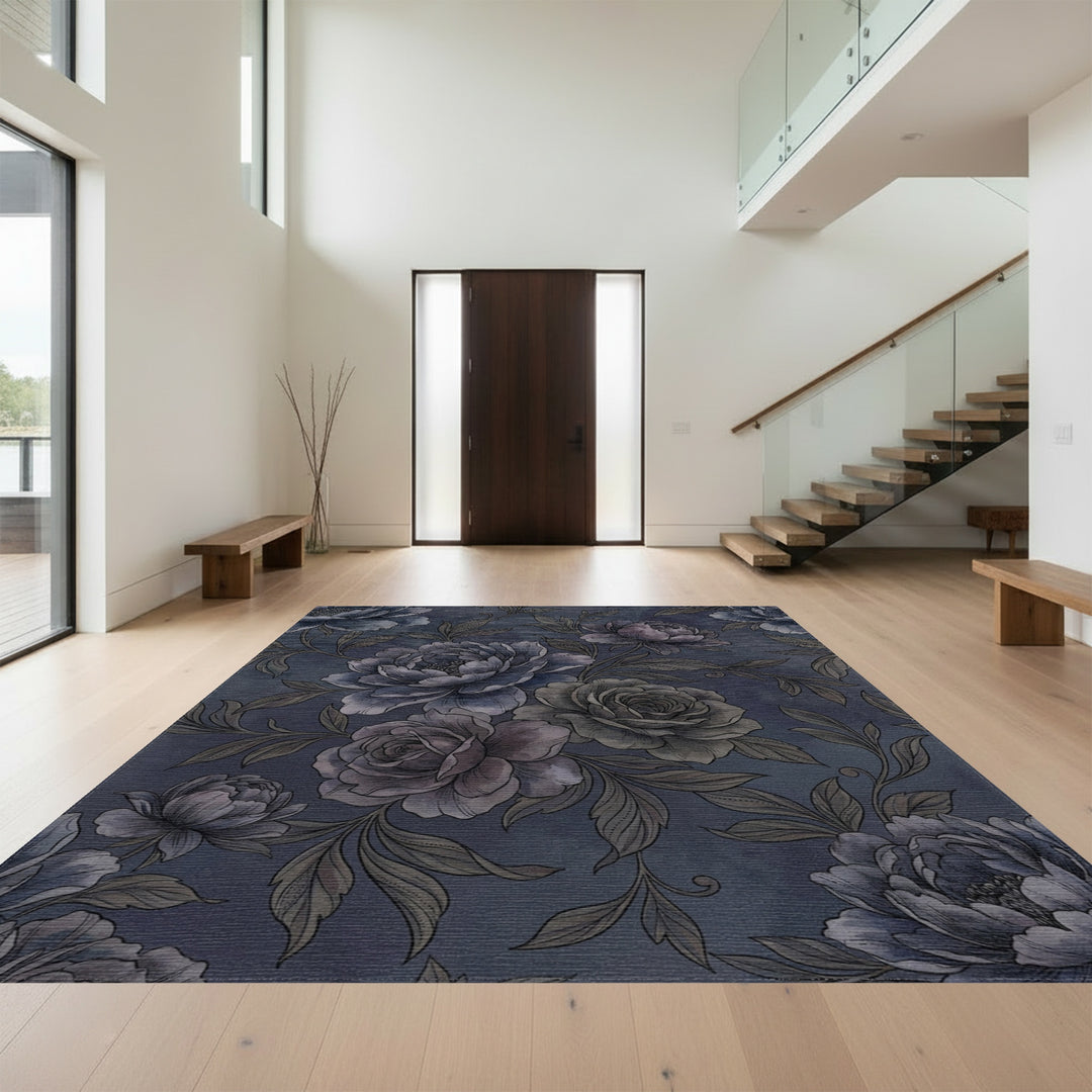 Vintage Blue Grey Floral Blossom Rug