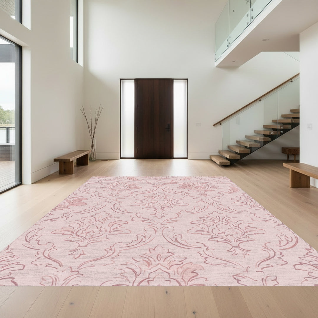 Dainty Pink Damask Scrollwork Rug