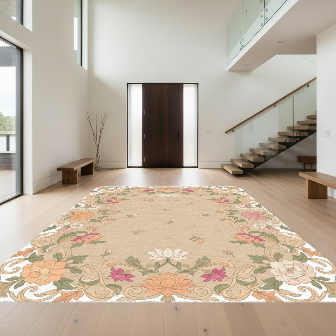 Floral Border with Peony and Lotus Motifs Rug