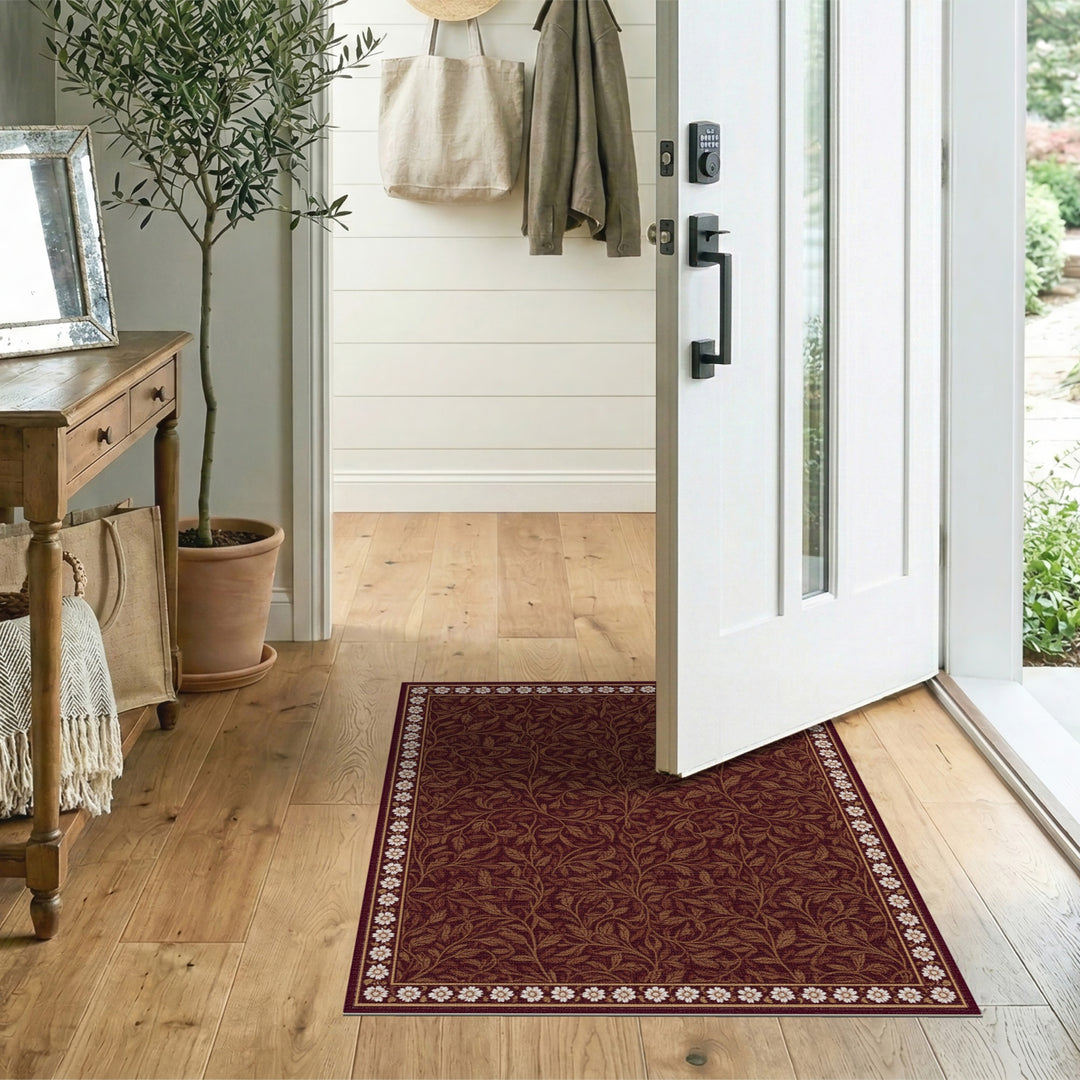 Brown Floral Vintage Area Rug with Daisy Border