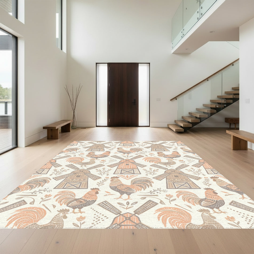 Rustic Rooster Windmill Farm Garden Rug