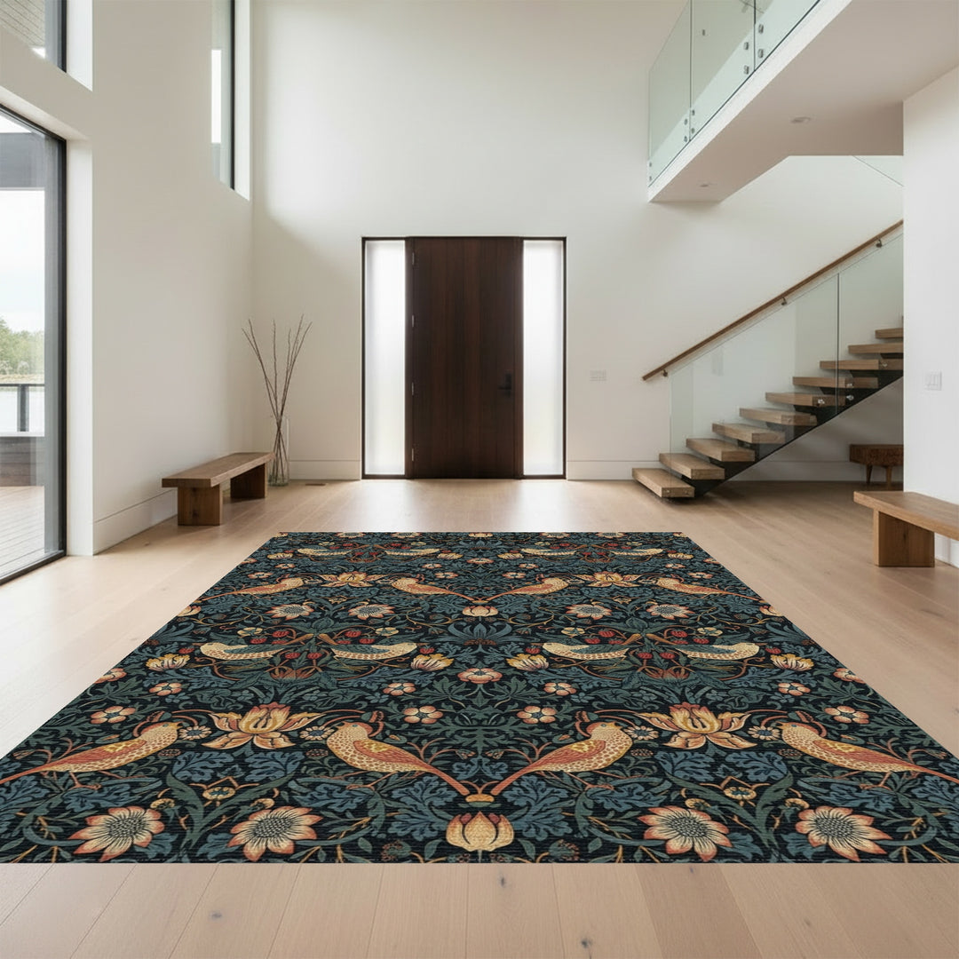 Golden Birds Amidst Dark Floral Vines Rug
